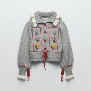 Zara Gray Floral Knit Cardigan with Red Trim
